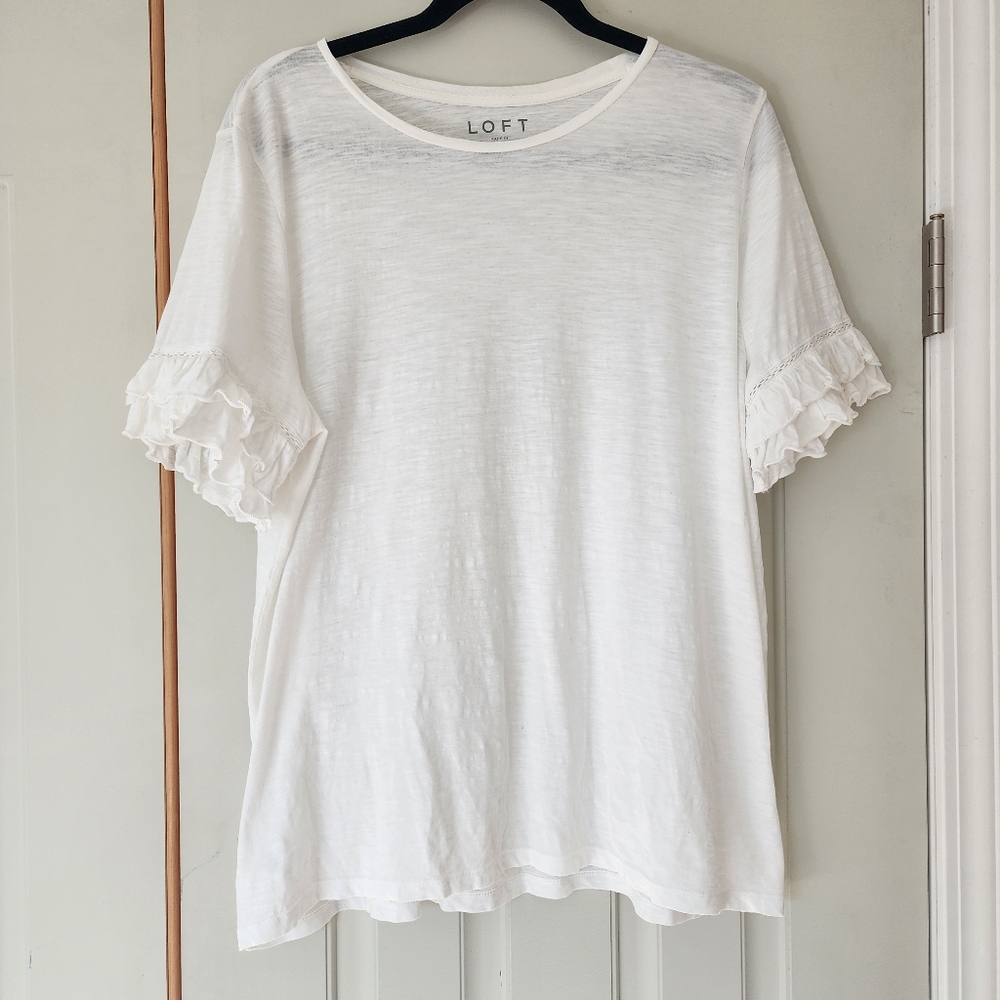 Loft 100% Cotton White Ruffle Sleeve Lace Insert Blouse L